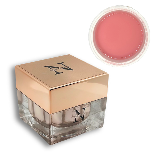 Burk med rosa nagelprodukt för gelenaglar som passar bra till fransk manikyr.