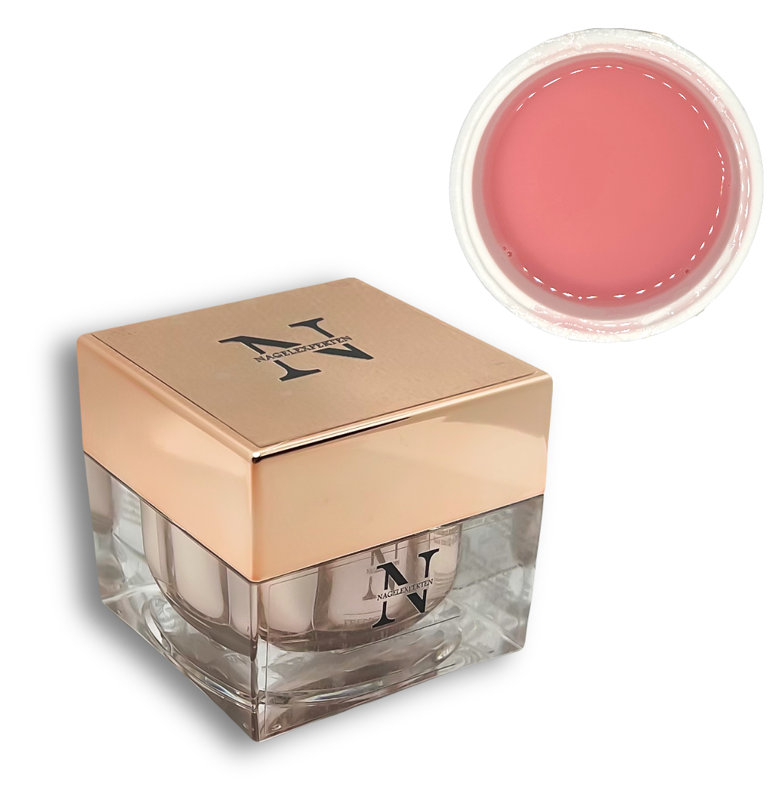 Burk med rosa nagelprodukt för gelenaglar som passar bra till fransk manikyr.