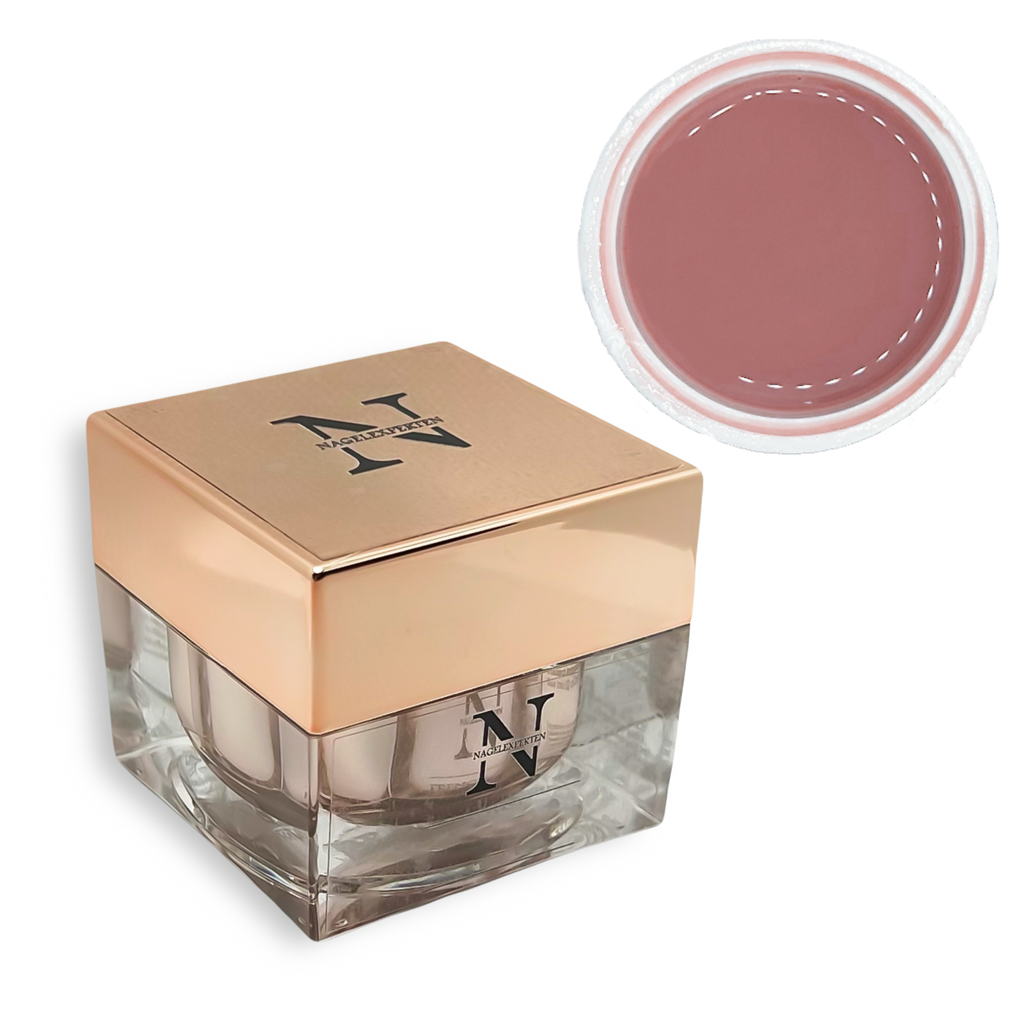 Fyrkantig burk innehållande buildergel nagelprodukt i mörk beige färg.