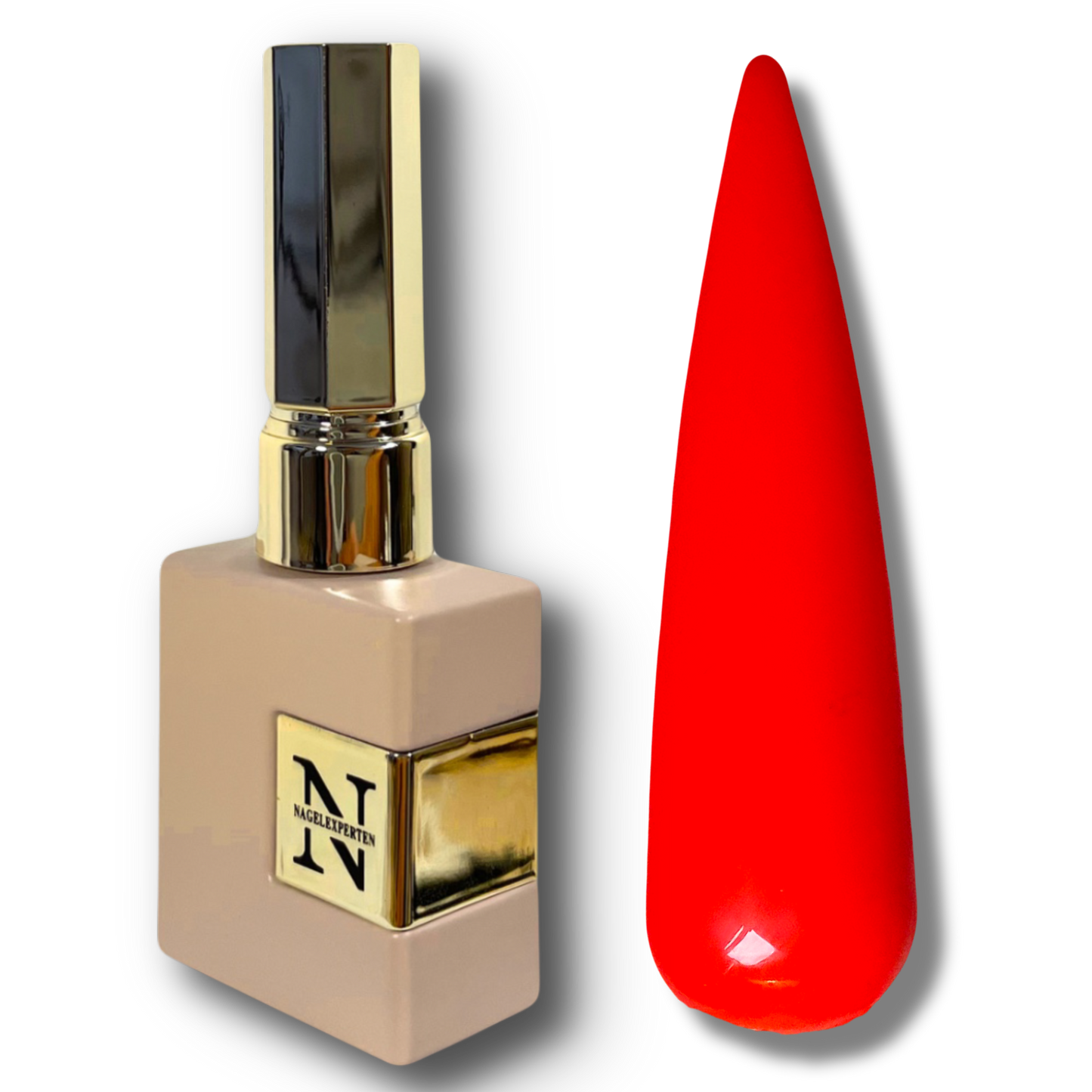 Nagellacksflaska till vänster om en nageltipp målad med neonfärgat orange rött gellack.