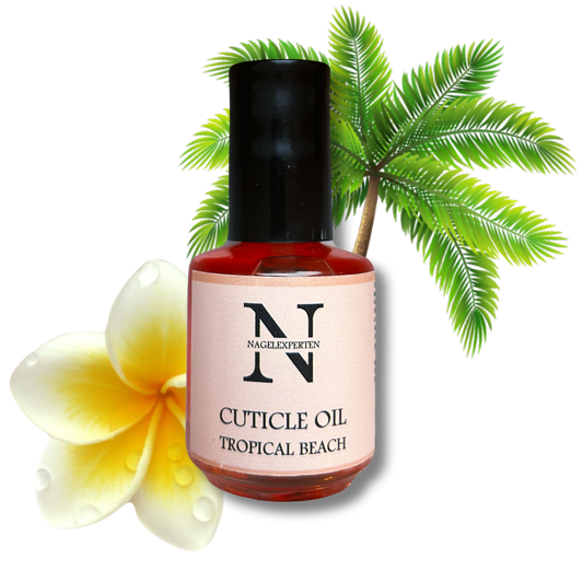 Genomskinlig flaska med svart kork innehållande röd nagelolja. Bakgrund med palm och monoiblomma.