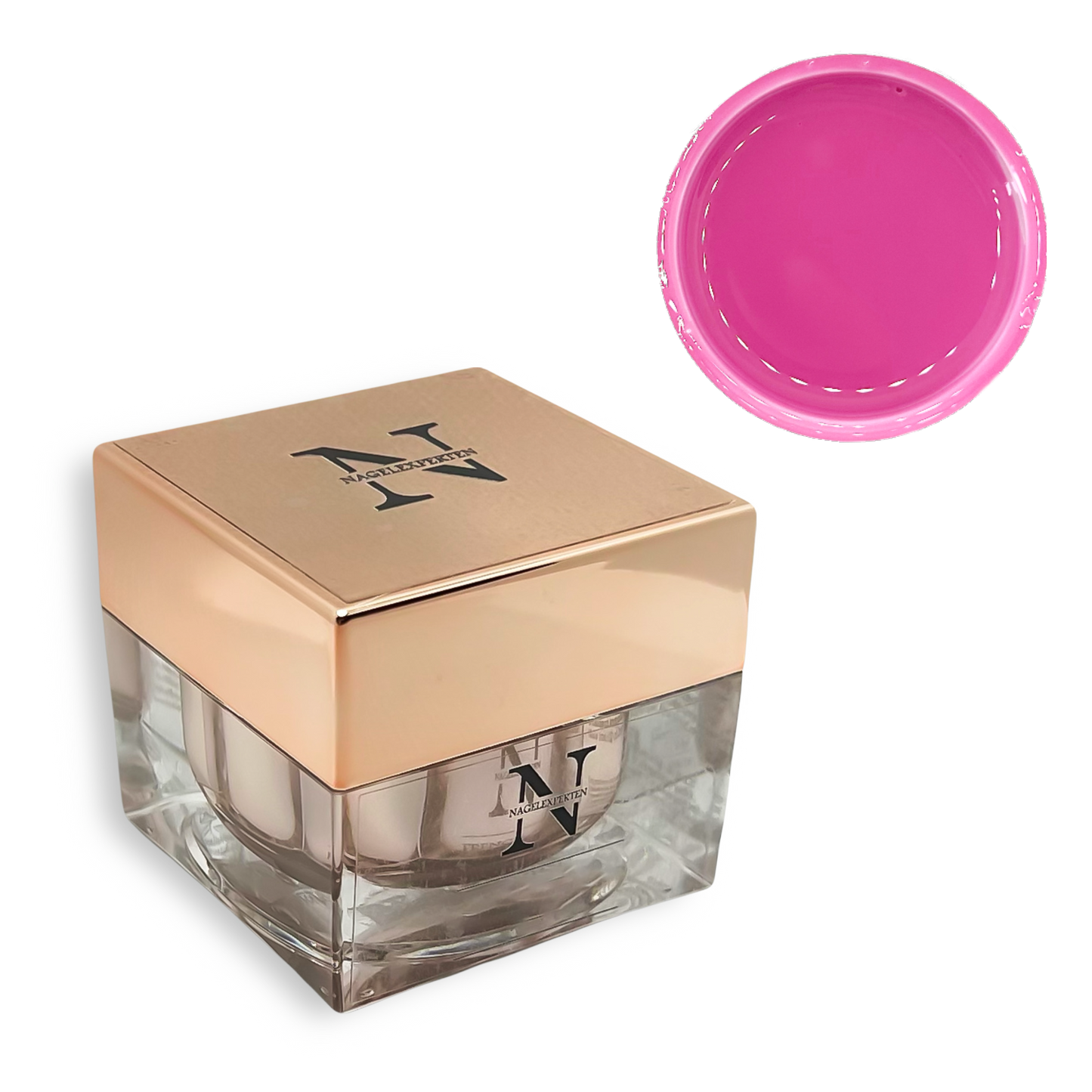 Fyrkantig glasburk innehållande builder gel för nagelförlängning i knall rosa färg från Nagelexperten.