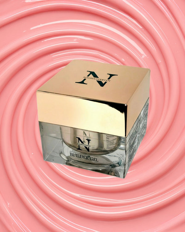 Burk med builder gel i rosa heltäckande färg.