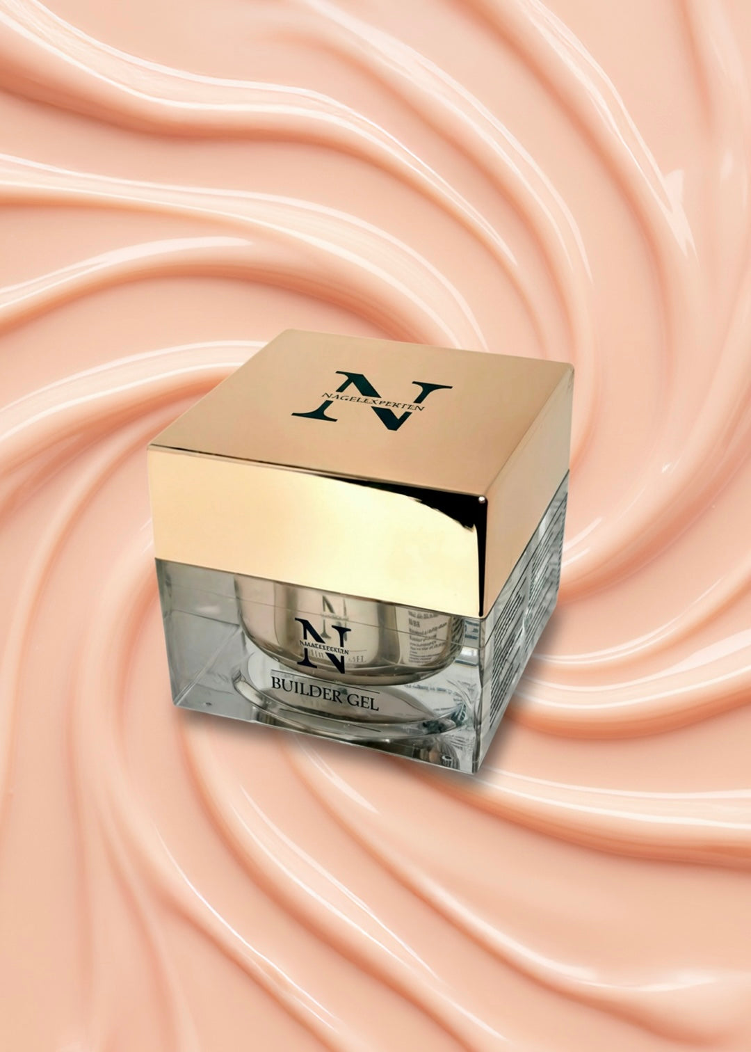 Burk med builder gel i nude och rosa färg.