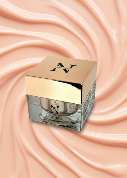 Burk med builder gel i nude och rosa färg.