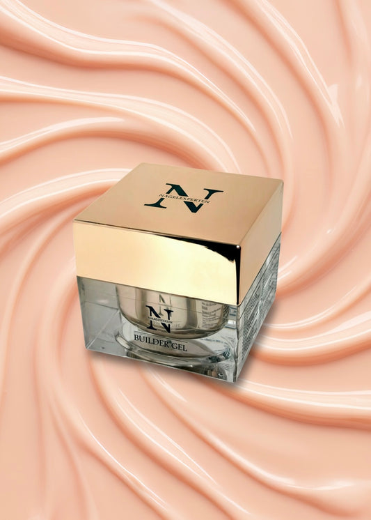 Burk med builder gel i nude och rosa färg.