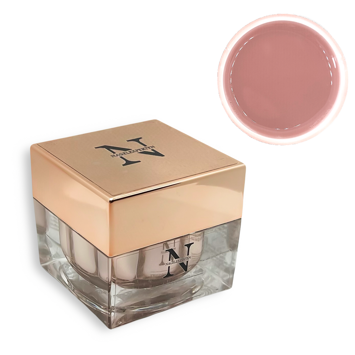 Fyrkantig builder gel burk med guldigt lock som det står Nagelexperten på. Ovanför är en rund cirkel som visar att färgen innehåller beige nagel gel.