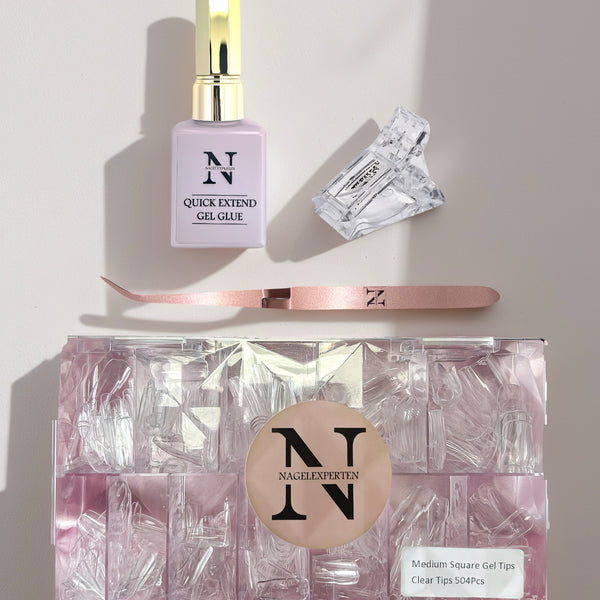 Nagelkit för gel x innehållande full cover tippar, uv gel lim, rosa pincher och nagelklämma.