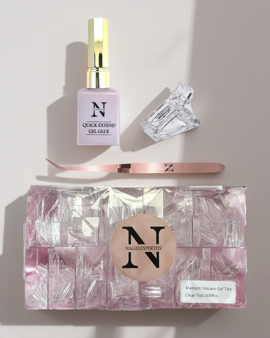 Nagelkit för gel x innehållande full cover tippar, uv gel lim, rosa pincher och nagelklämma.