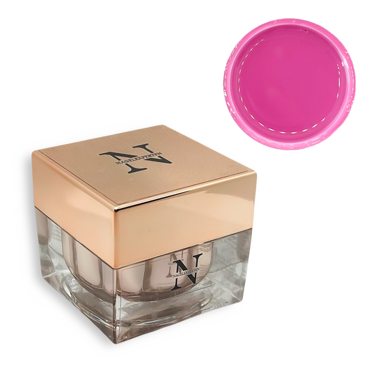 Fyrkantig glasburk innehållande builder gel för nagelförlängning i knall rosa färg från Nagelexperten.